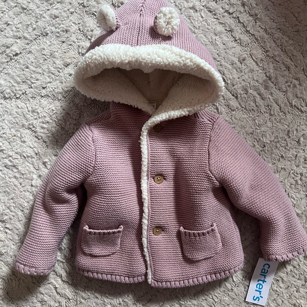 NWT Carter's Pink Knit Hooded Baby Jacket with Pom Ears and Sherpa Lining